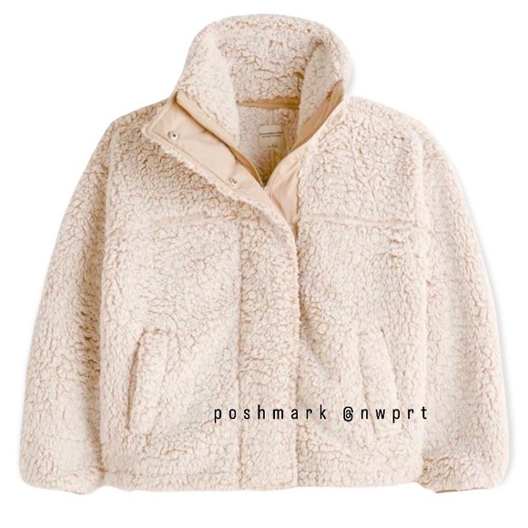ABERCROMBIE & FITCH Cinched Cocoon Sherpa Fleece Faux Fur Jacket Beige XXS XS - Picture 13 of 13